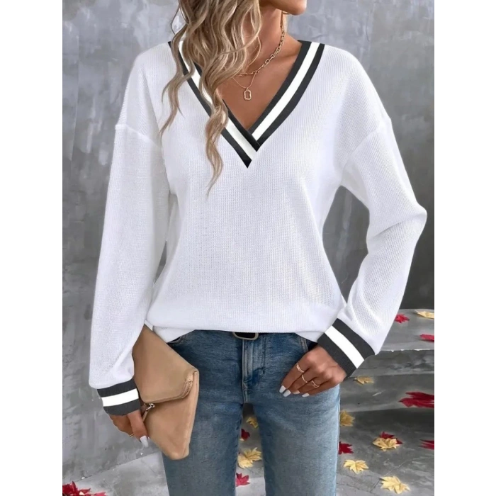 MDB Kadın Uzun Kollu V Yakalı Waffle Bluz