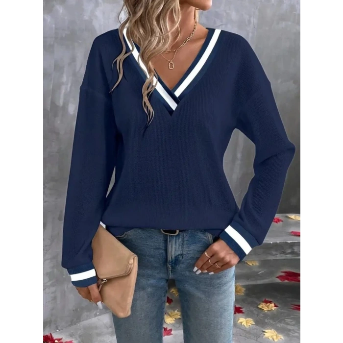 MDB Kadın Uzun Kollu V Yakalı Waffle Bluz