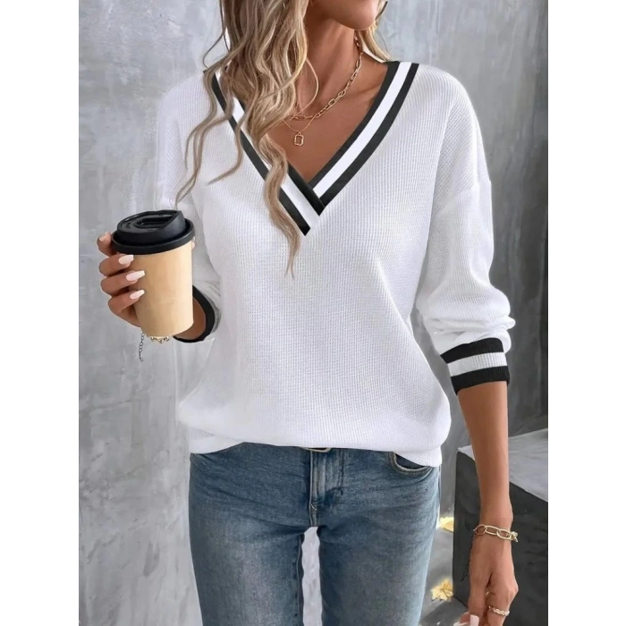 MDB Kadın Uzun Kollu V Yakalı Waffle Bluz
