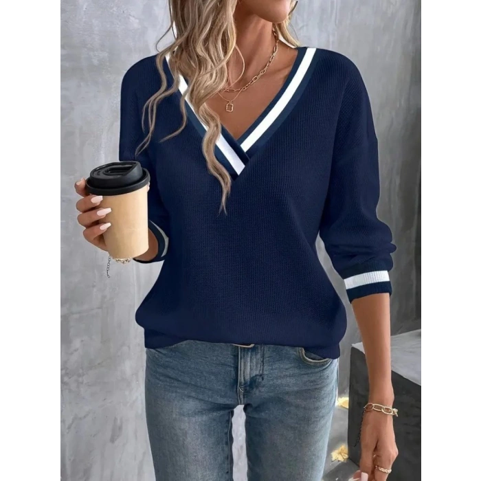 MDB Kadın Uzun Kollu V Yakalı Waffle Bluz