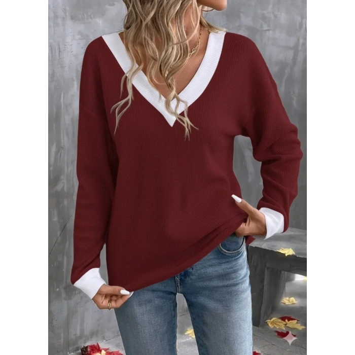 MDB Kadın Uzun Kollu V Yakalı Waffle Bluz