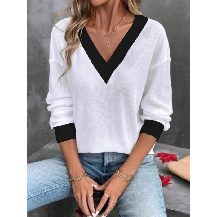 MDB Kadın Uzun Kollu V Yakalı Waffle Bluz