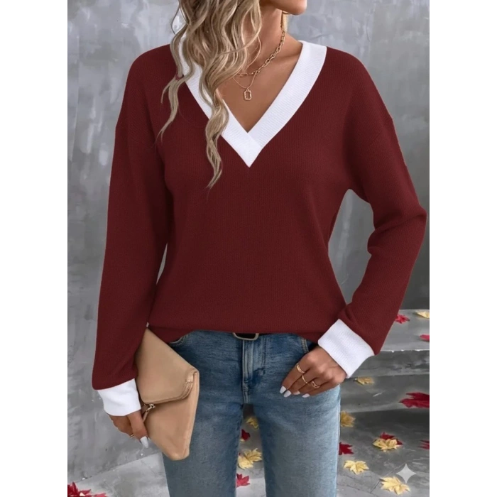 MDB Kadın Uzun Kollu V Yakalı Waffle Bluz