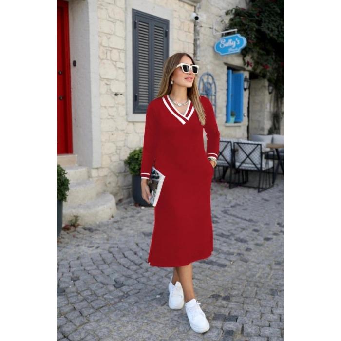 MDB Kadın Uzun Kollu V Yakalı Yandan Yırtmaçlı Iki Iplik Midi Elbise