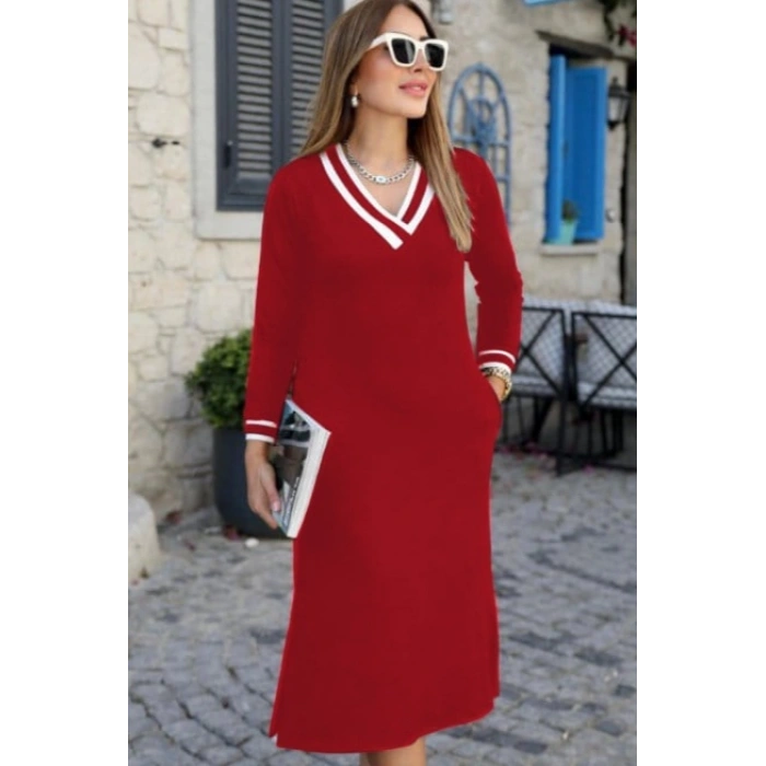 MDB Kadın Uzun Kollu V Yakalı Yandan Yırtmaçlı Iki Iplik Midi Elbise