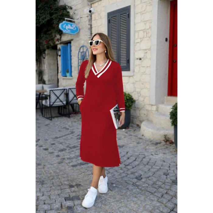 MDB Kadın Uzun Kollu V Yakalı Yandan Yırtmaçlı Iki Iplik Midi Elbise