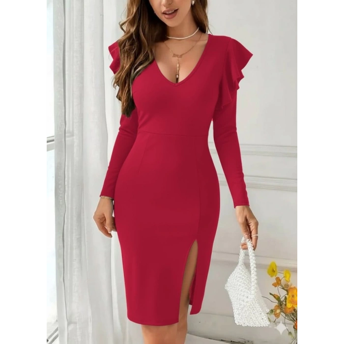 MDB Kadın Uzun Kollu V Yakalı Yandan Yırtmaçlı Midi Ithal Krep Elbise