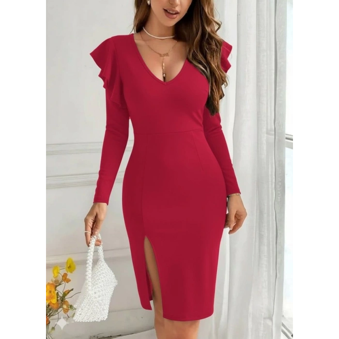 MDB Kadın Uzun Kollu V Yakalı Yandan Yırtmaçlı Midi Ithal Krep Elbise