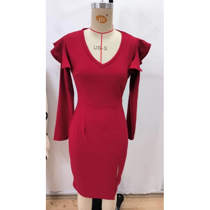 MDB Kadın Uzun Kollu V Yakalı Yandan Yırtmaçlı Midi Ithal Krep Elbise