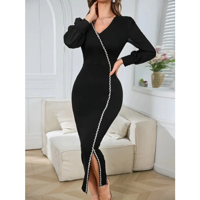 MDB Kadın Uzun Kollu V Yakalı Yırtmaçlı Taşlı Uzun Ithal Krep Elbise