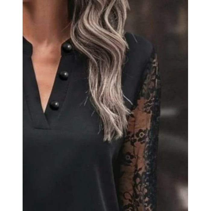 MDB Kadın Uzun Kollu Yaka Düğme Detay Güpürlü Kol Krep Bluz