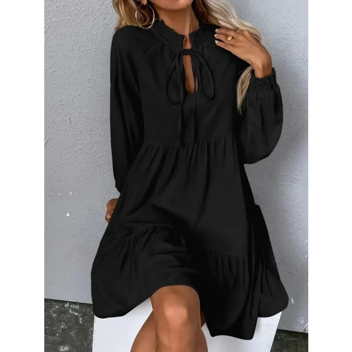 MDB Kadın Uzun Kollu Yakadan Bağcıklı Fırfırlı Keten Mini Elbise