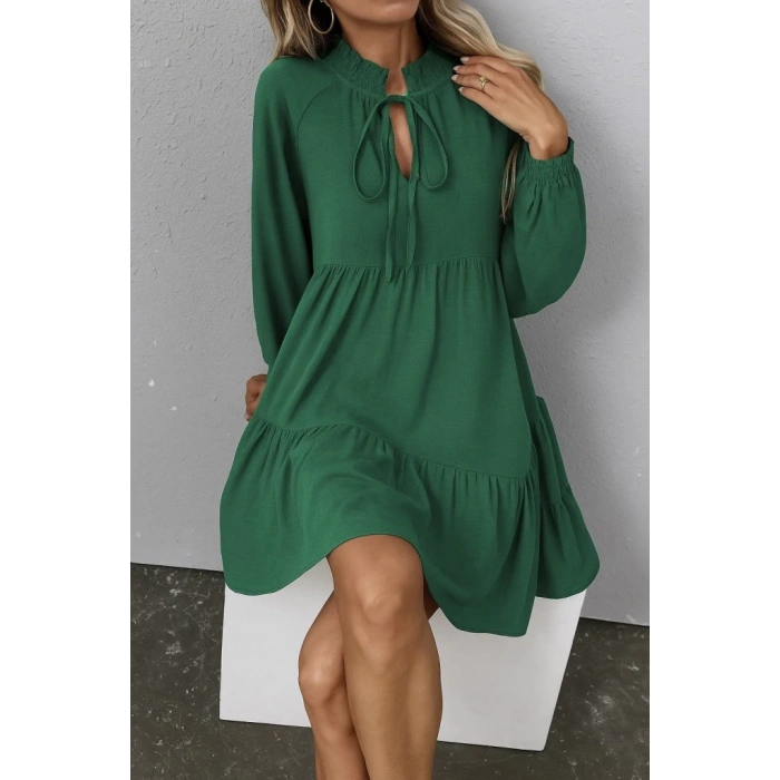 MDB Kadın Uzun Kollu Yakadan Bağcıklı Fırfırlı Keten Mini Elbise