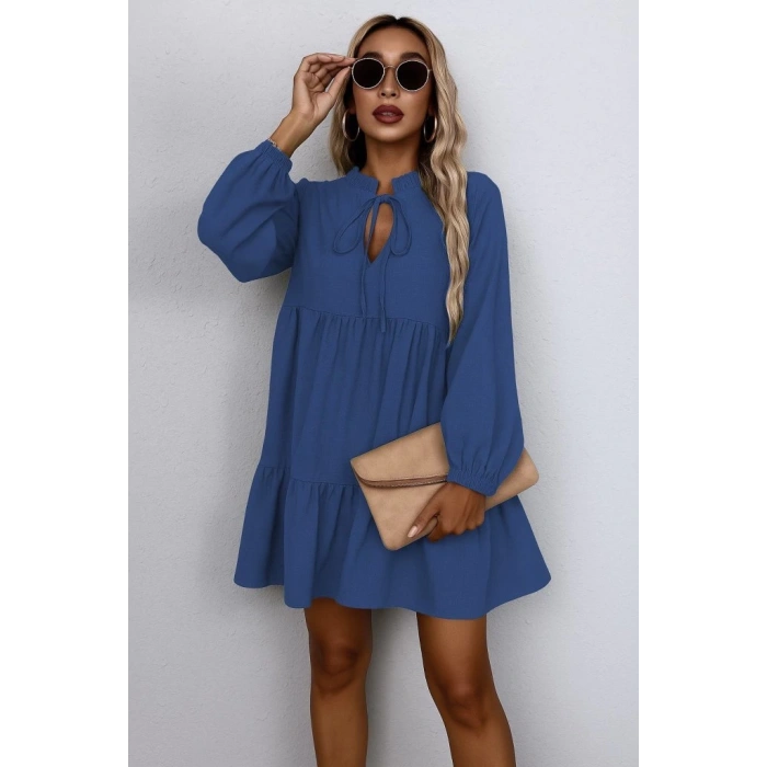 MDB Kadın Uzun Kollu Yakadan Bağcıklı Fırfırlı Keten Mini Elbise