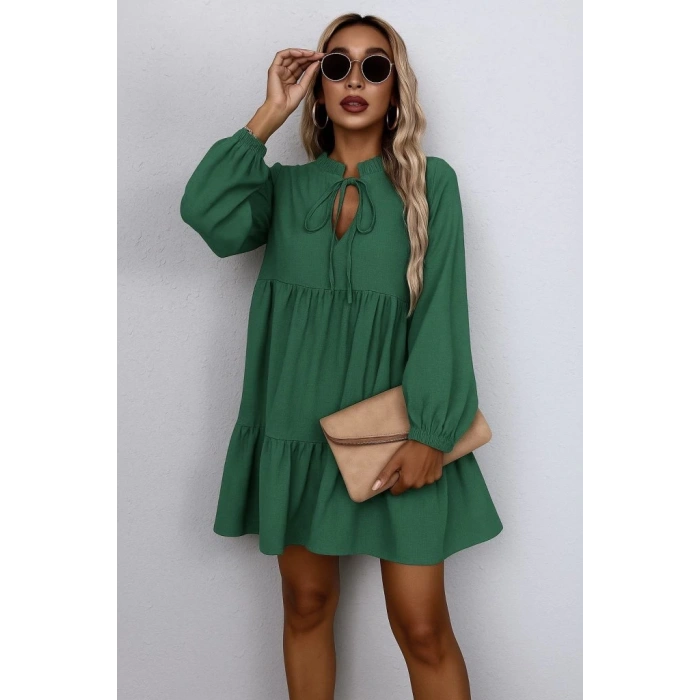 MDB Kadın Uzun Kollu Yakadan Bağcıklı Fırfırlı Keten Mini Elbise