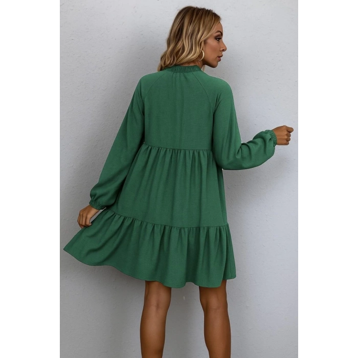 MDB Kadın Uzun Kollu Yakadan Bağcıklı Fırfırlı Keten Mini Elbise