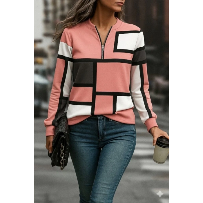 MDB Kadın Uzun Kollu Yakadan Fermuarlı Desenli şardonlu Dalgıç Bluz