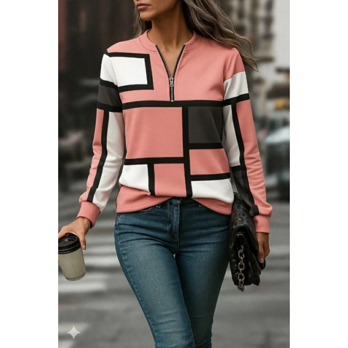 MDB Kadın Uzun Kollu Yakadan Fermuarlı Desenli şardonlu Dalgıç Bluz