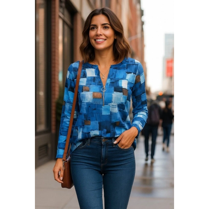 MDB Kadın Uzun Kollu Yakadan Fermuarlı Kot Görünüm Desenli Uzun Modal Bluz