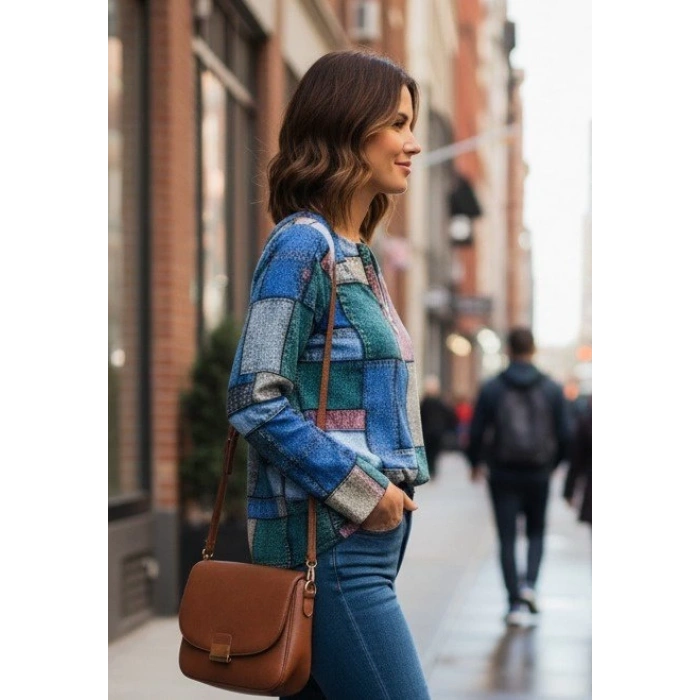 MDB Kadın Uzun Kollu Yakadan Fermuarlı Kot Görünüm Desenli Uzun Modal Bluz