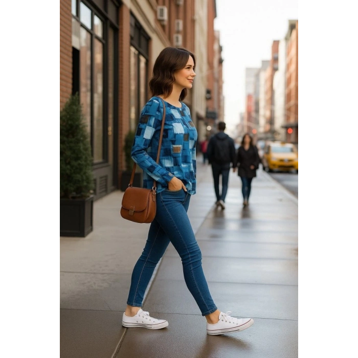 MDB Kadın Uzun Kollu Yakadan Fermuarlı Kot Görünüm Desenli Uzun Modal Bluz