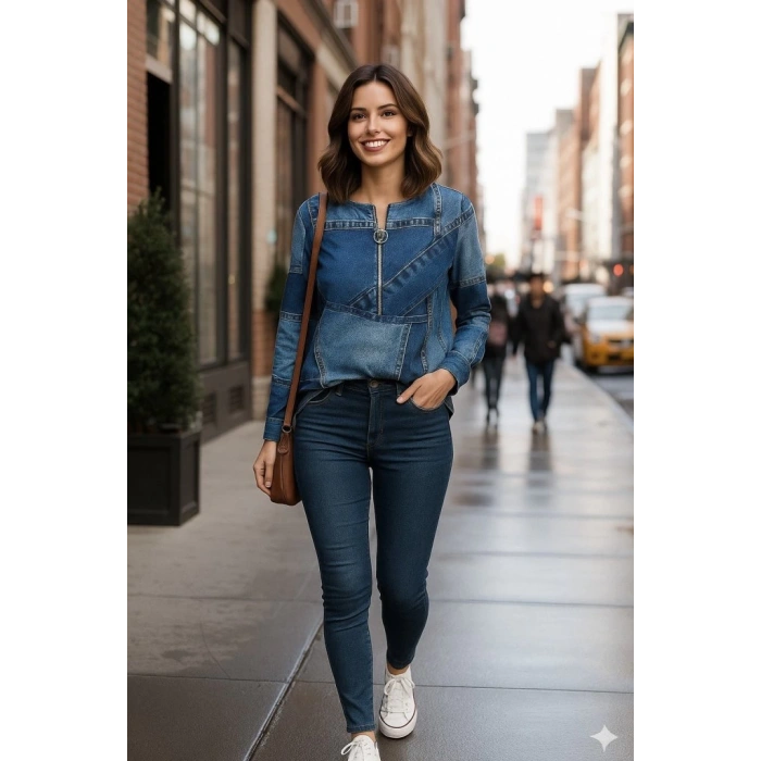 MDB Kadın Uzun Kollu Yakadan Fermuarlı Kot Görünüm Desenli Uzun Modal Bluz