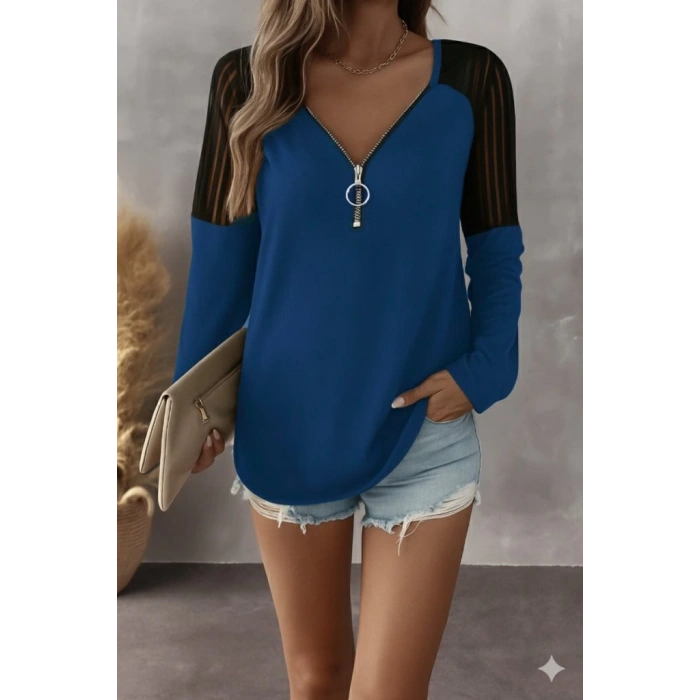 MDB Kadın Uzun Kollu Yakadan Fermuarlı Viskon Bluz