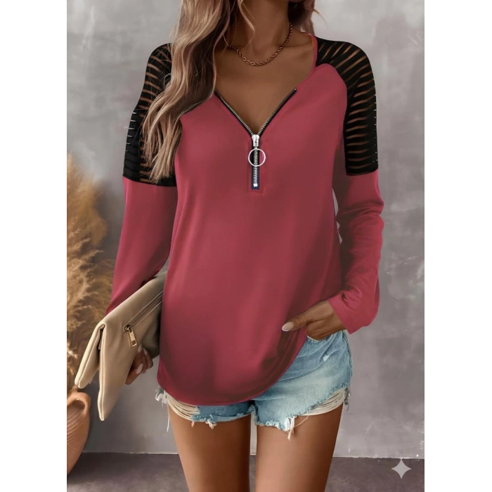 MDB Kadın Uzun Kollu Yakadan Fermuarlı Viskon Bluz