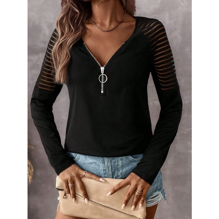 MDB Kadın Uzun Kollu Yakadan Fermuarlı Viskon Bluz