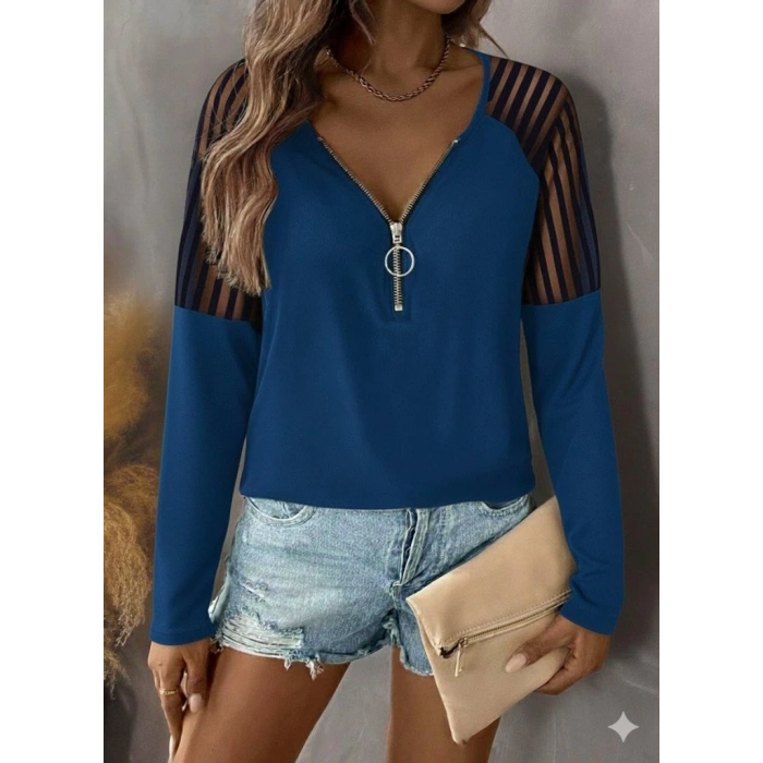 MDB Kadın Uzun Kollu Yakadan Fermuarlı Viskon Bluz