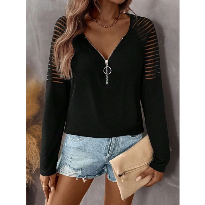 MDB Kadın Uzun Kollu Yakadan Fermuarlı Viskon Bluz