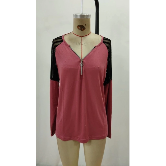 MDB Kadın Uzun Kollu Yakadan Fermuarlı Viskon Bluz