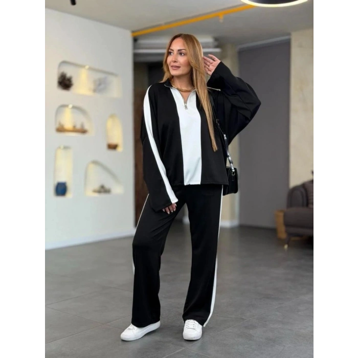 MDB Kadın Uzun Kollu Yakadan Fermuarlı Viskon Iki Iplik Bluz Ve Pantolon Ikili Takım