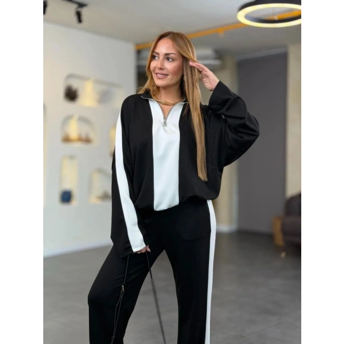 MDB Kadın Uzun Kollu Yakadan Fermuarlı Viskon Iki Iplik Bluz Ve Pantolon Ikili Takım