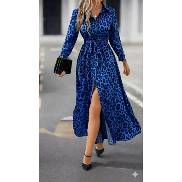 MDB Kadın Uzun Kollu Yakalı Belden Kuşaklı Leopar Desenli Modal Uzun Elbise