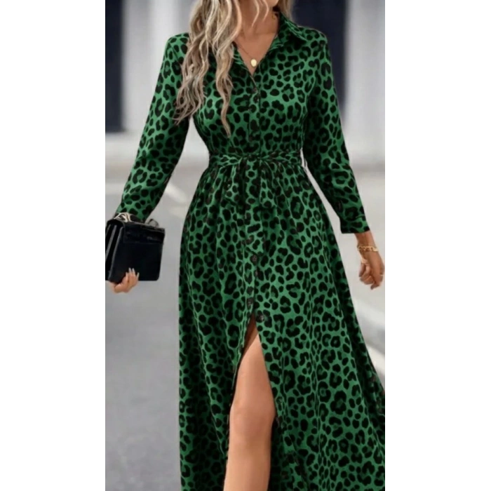 MDB Kadın Uzun Kollu Yakalı Belden Kuşaklı Leopar Desenli Modal Uzun Elbise