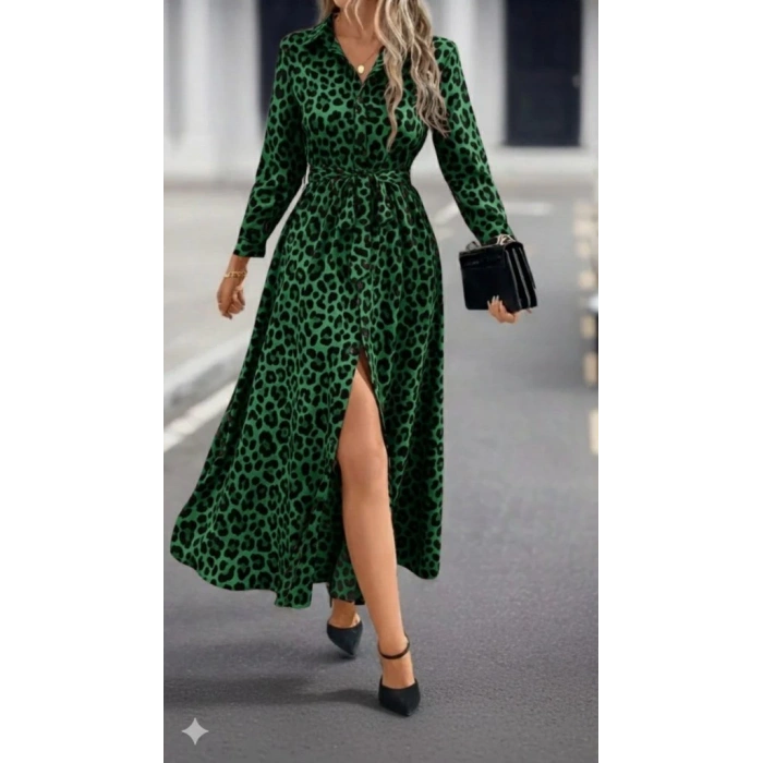MDB Kadın Uzun Kollu Yakalı Belden Kuşaklı Leopar Desenli Modal Uzun Elbise