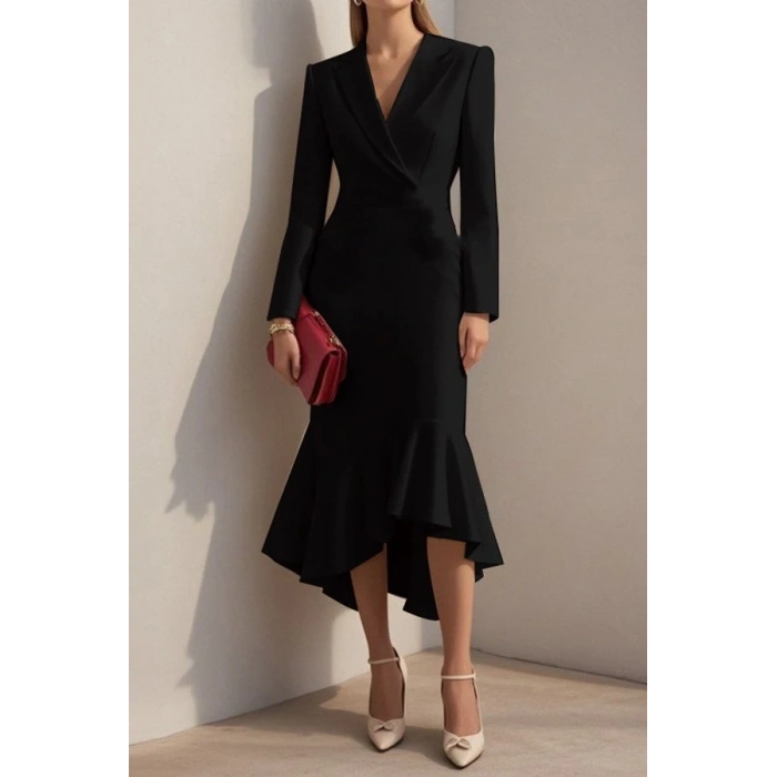 MDB Kadın Uzun Kollu Yakalı Belden Oturtmalı Midi Ithal Krep Elbise