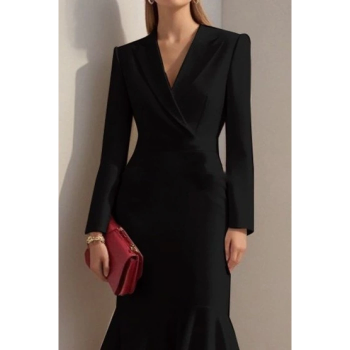 MDB Kadın Uzun Kollu Yakalı Belden Oturtmalı Midi Ithal Krep Elbise