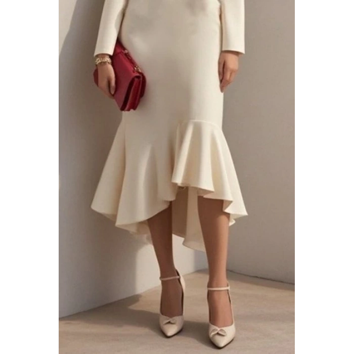 MDB Kadın Uzun Kollu Yakalı Belden Oturtmalı Midi Ithal Krep Elbise