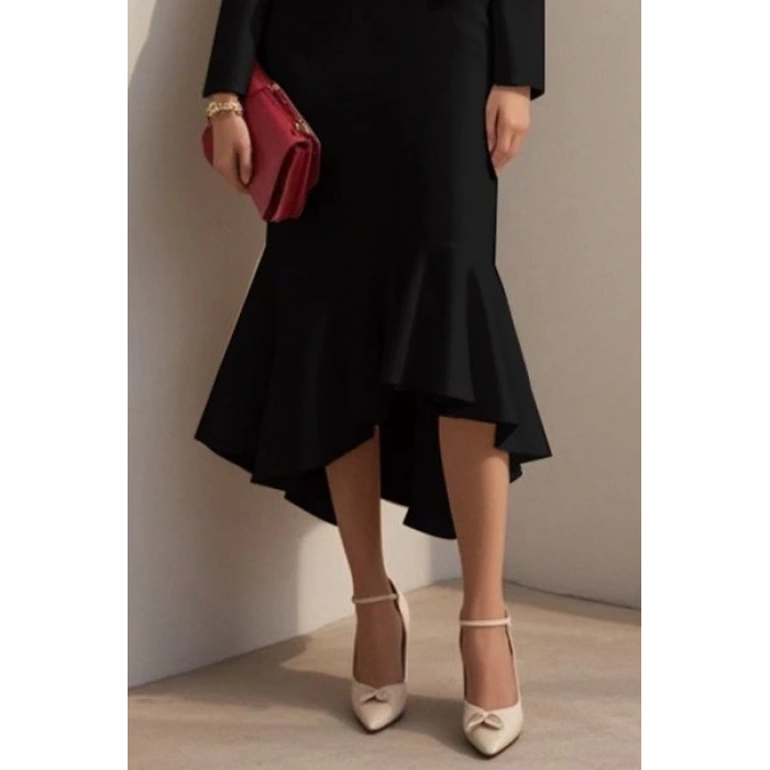 MDB Kadın Uzun Kollu Yakalı Belden Oturtmalı Midi Ithal Krep Elbise