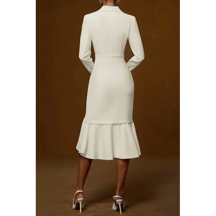 MDB Kadın Uzun Kollu Yakalı Belden Oturtmalı Midi Ithal Krep Elbise