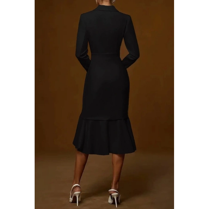 MDB Kadın Uzun Kollu Yakalı Belden Oturtmalı Midi Ithal Krep Elbise