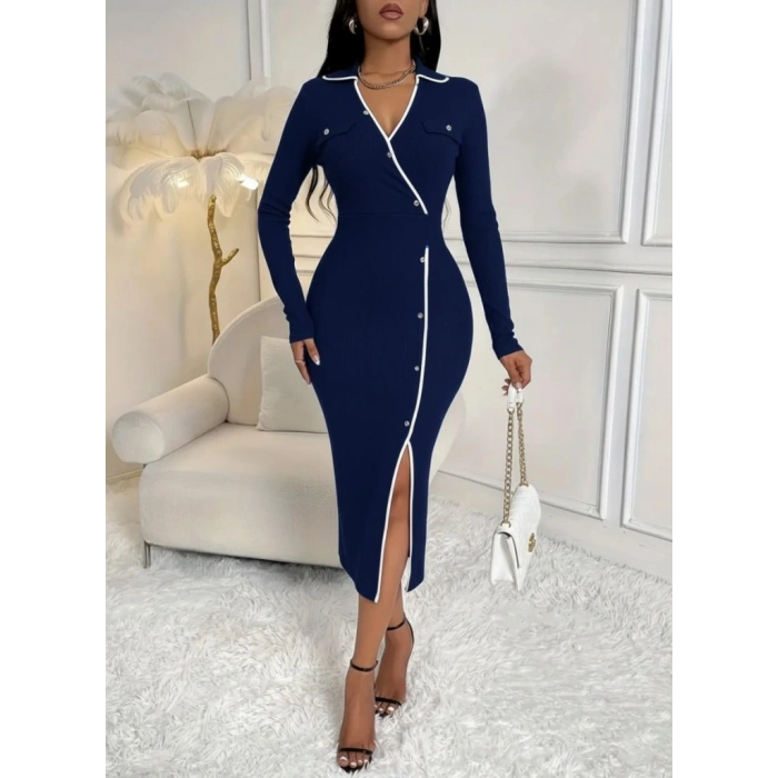 MDB Kadın Uzun Kollu Yakalı Cepli Düğmeli Yırtmaç Detaylı Modal Uzun Elbise