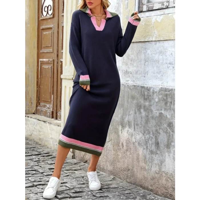 MDB Kadın Uzun Kollu Yakalı çok Renkli Triko Uzun Elbise