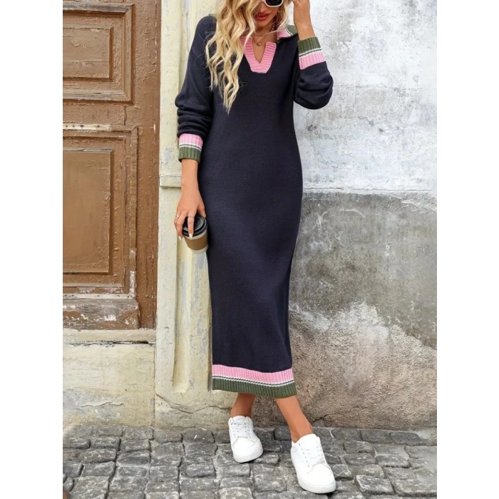 MDB Kadın Uzun Kollu Yakalı çok Renkli Triko Uzun Elbise