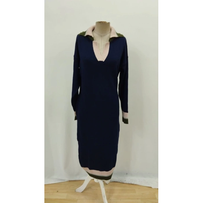 MDB Kadın Uzun Kollu Yakalı çok Renkli Triko Uzun Elbise