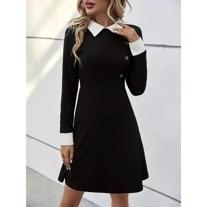 MDB Kadın Uzun Kollu Yakalı Düğmeli Kısa Modal Mini Elbise