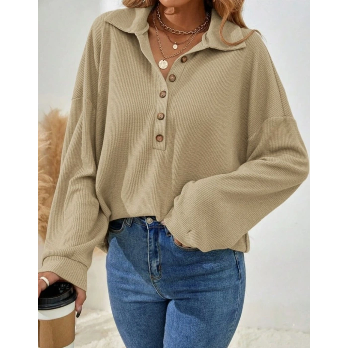 MDB Kadın Uzun Kollu Yakalı Düğmeli Salaş Waffle Bluz