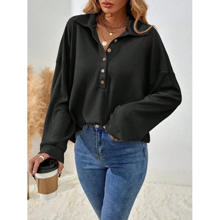 MDB Kadın Uzun Kollu Yakalı Düğmeli Salaş Waffle Bluz